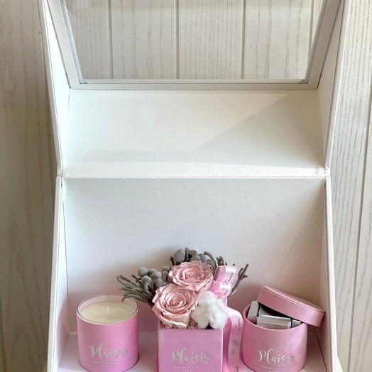 Trio Double Pink Preserved Rose Candle and Chocolate Gift Set
