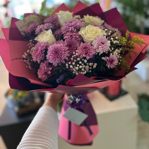 Purple Chrysanthemum and Roses