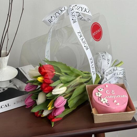 Комбо переноска из 15 тюльпанов и бенто тортика «С 8Марта»