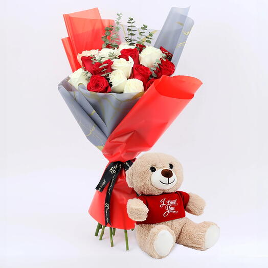 Beauty in Red and White 21 Roses Bouquet with Teddy