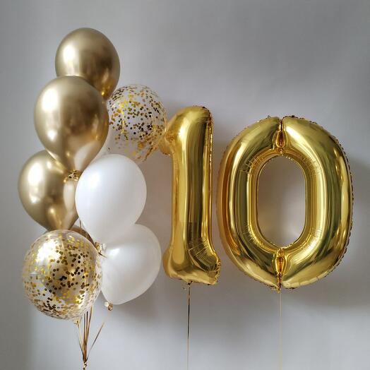 Набор шаров на 10 лет – гелиевые золотые шары с цифрами