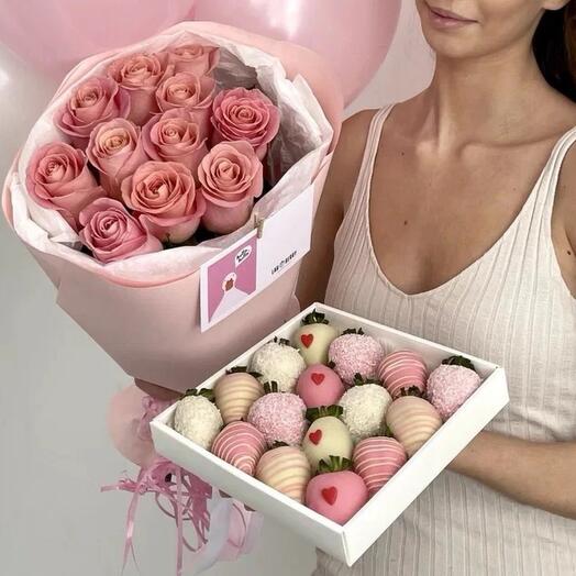 Подарок комбо 🎁 11 роз и 16 клубник 🍓