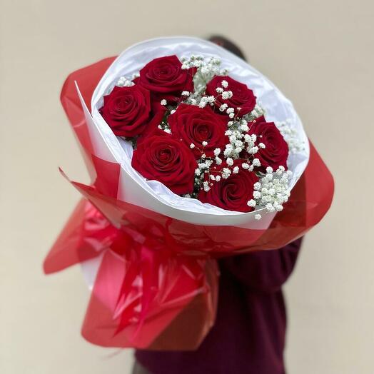 Классика 🌹7 бордовых роз+ белая гипсофила