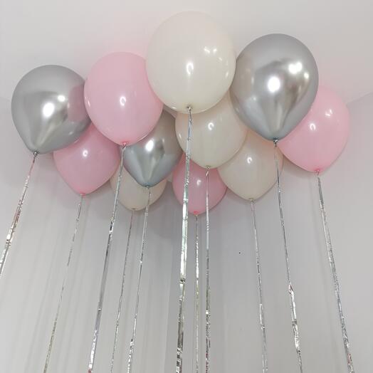 11 воздушных шаров, розовый, песочный и серебро