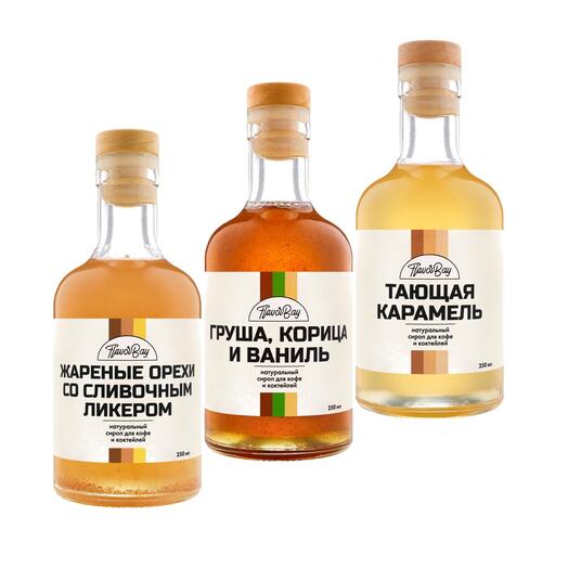 Conjunto de jarabes Pera canela Vainilla, licor Nuez, caramelo Flavor Bay 3x250ml