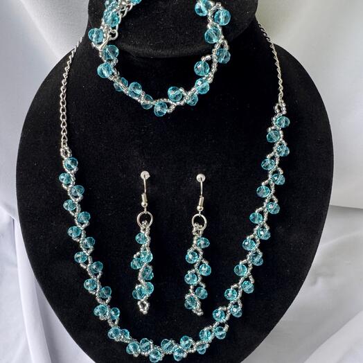 Комплект "Веточки" (колье, браслет, серьги) имитация под камень "Аквамарин" с серебром