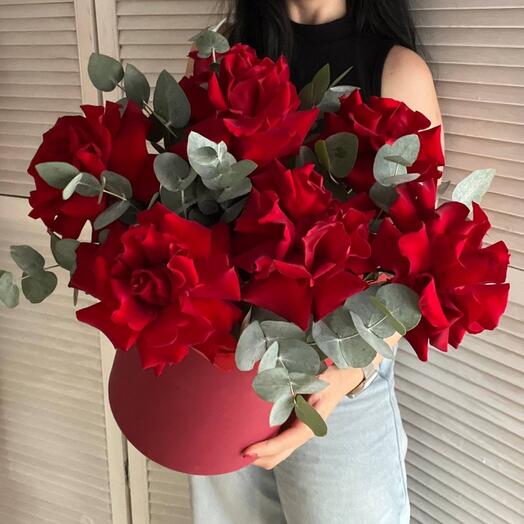 Французская Роза в коробке с эвкалиптом