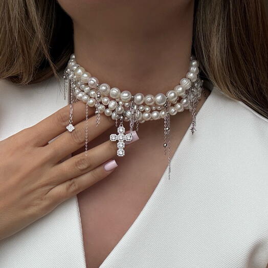 Роскошное многоярусное колье из натурального жемчуга со съемной подвеской