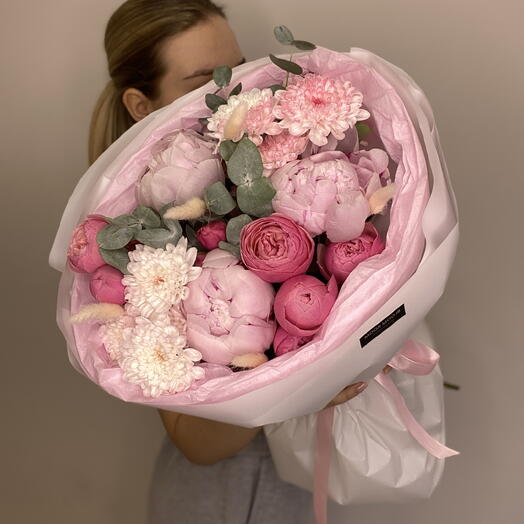 🩷Малиновый букет 🩷Bloom room, пион, пионовидная кустовая роза, хризантема, лагурус сухоцвет