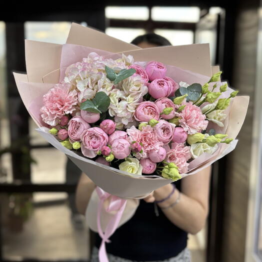 🌷Авторский букет: пионовидные розы, гортензия, эустома, диантус, эвкалипт