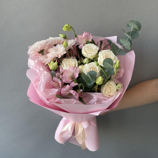 Пастила 🌸 нежный букет с пионовидной кустовой розой, эустомой, хризантемой, альстромерией