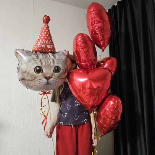 Шары и шарики красные сердца и кот,котик в колпачке - 6шаров