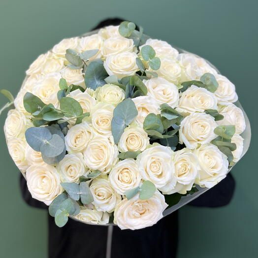 🌹51 ЭЛИТНАЯ БЕЛАЯ РОЗА С ЭВКАЛИПТОМ🌹