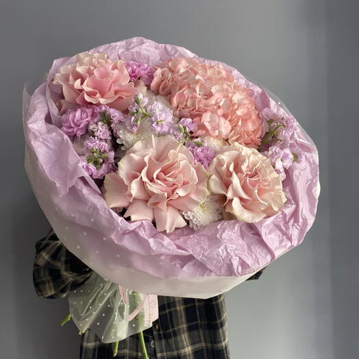 Букет пышный 🌸 кремовая гортензия 🩷 нежная французская Роза 🥐🥐🥐