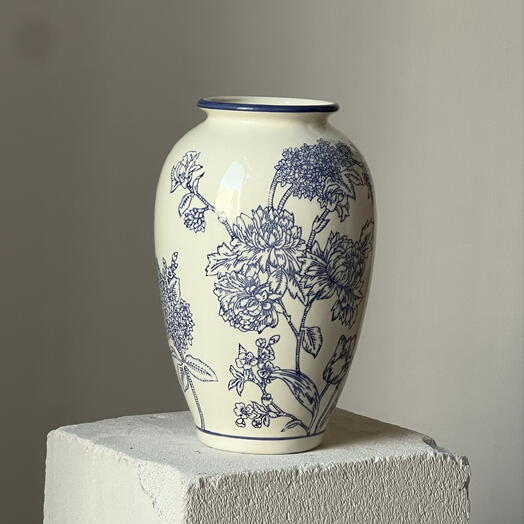 Ваза винтажная "Chinoiserie" 15*24 бело-голубая керамическая
