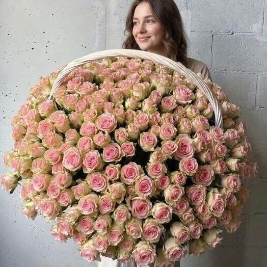 Корзина из 301 нежно-розовой кенийской розы
