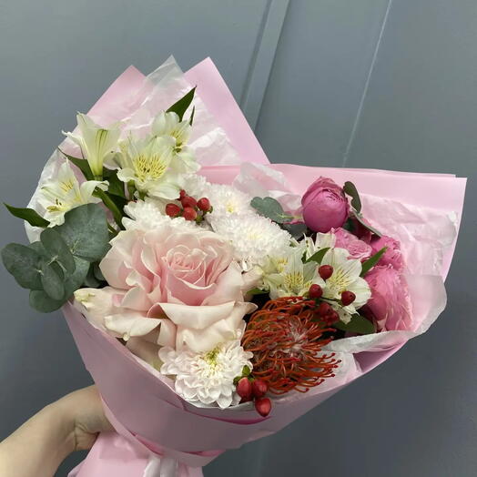 🎀Букет «Сказка»🎀 из французской розы, леукоспермум( протея) и хризантемы