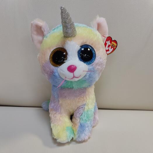 Unicorn cat is a stuffed toy with an eye