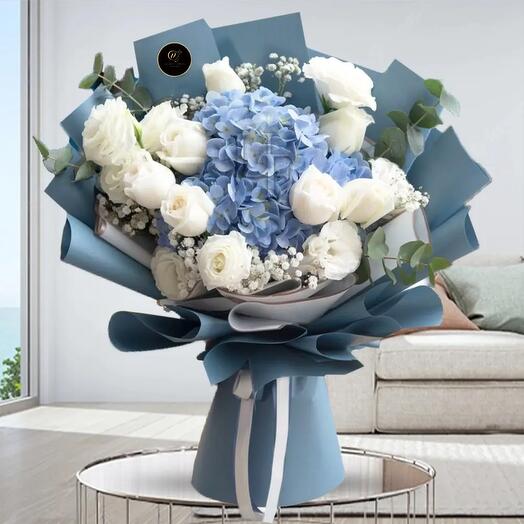 Blue and White Flowers Mixed Wrapped Bouquet