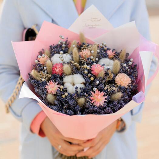 Romantic bouquet with pink and white dried flowers