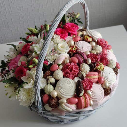Basket with sweets, alstroemeria, roses, Sweet emotions