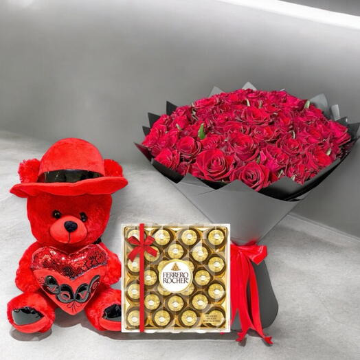 Red rose Flowers ferrero rocher chocolate teddy bear set