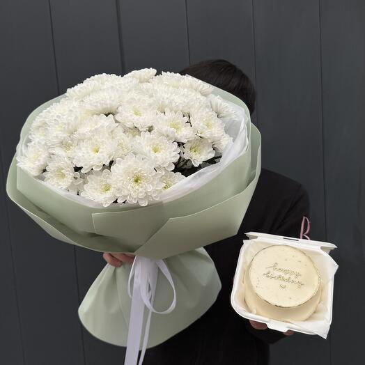 Букет из хризантем + бенто торт