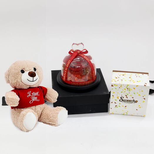 Designer Red Preserved Rose with Box and 250gm Chocolates