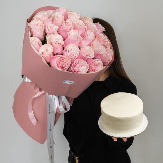 Комбо 25 роз + бенто торт