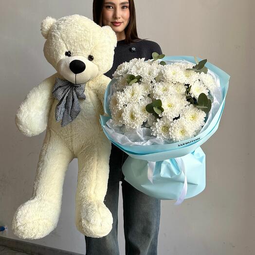 Букет из хризантем + мишка 80см