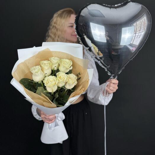 Комбо-набор 8873 l Белые Розы Эквадор и Сердце ( шар )