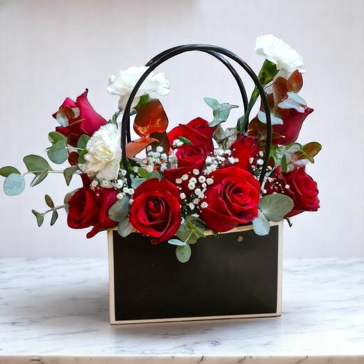Lovely Bag – Elegant Red Roses and White Carnations in a Chic Flower Purse