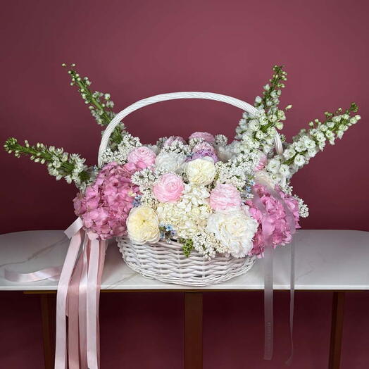Blushing Serenity Basket with Hydrangea, Peonies, Roses, Liliac, Delphinium
