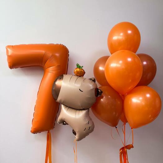 Воздушные шары оранжевые с фигурой капибара на 7лет сына,мальчика,дочки,девочки-9шаров
