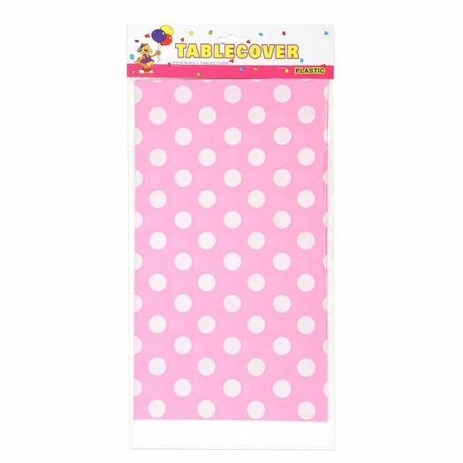 Скатерть одноразовая розовая в белый горох