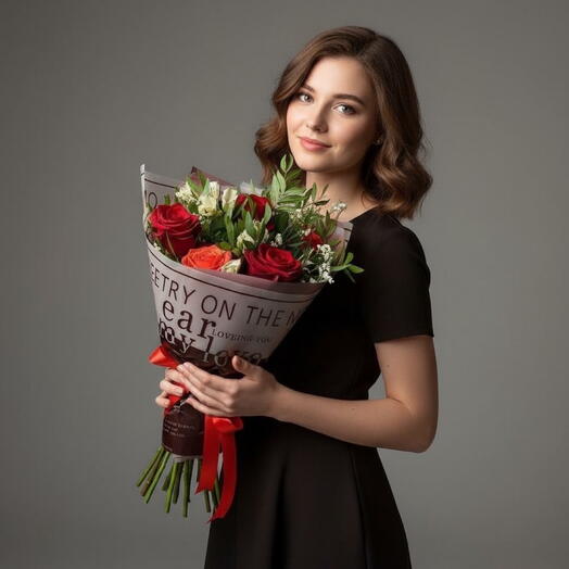 Букет с розами и альстромерией