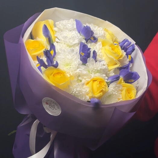 Starry Night - Bouquet with Irises and Yellow Roses