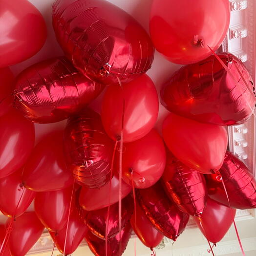 Шары сердца красные под потолок 50, 25 штук