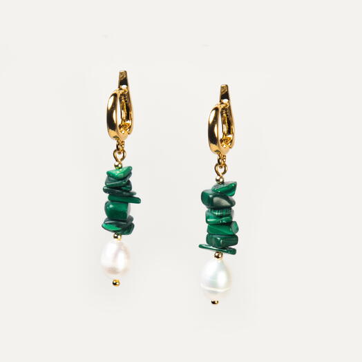Серьги Мальва Белый жемчуг культивированный и Малахит 14K (EAR1149)