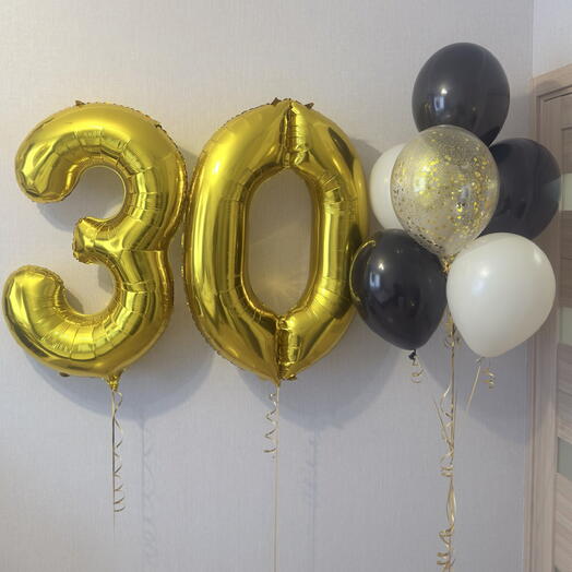 Шарики гелиевые мужчине на юбилей 30 лет с гелием и золотыми цифрами. Шары мужу, супругу, парню на день рождения