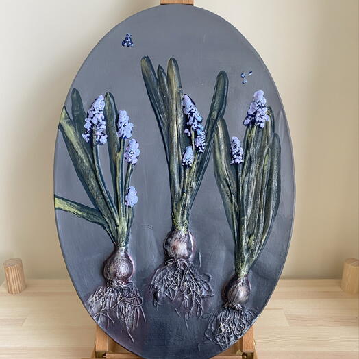 Панно цветочное настенное декоративное, Мускари, Ботанический барельеф , Гипсовая картина