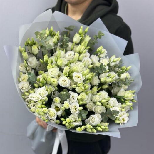 White eustoma with eucalyptus