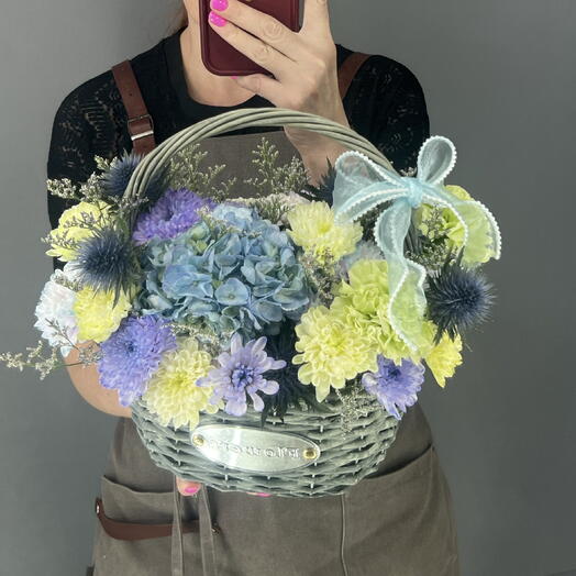 Корзина изысканная 🩵 голубая гортензия 💙 синий Эрингиум