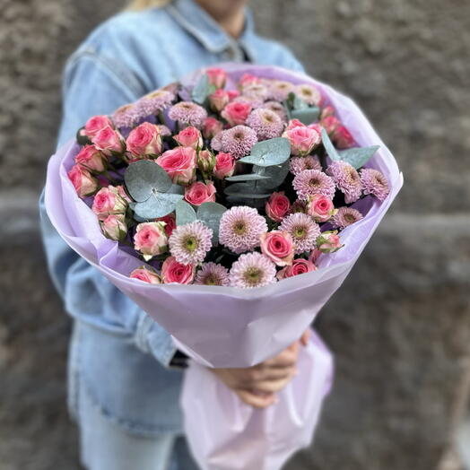 Дуобукет лавандовая Сантини и кустовая Роза