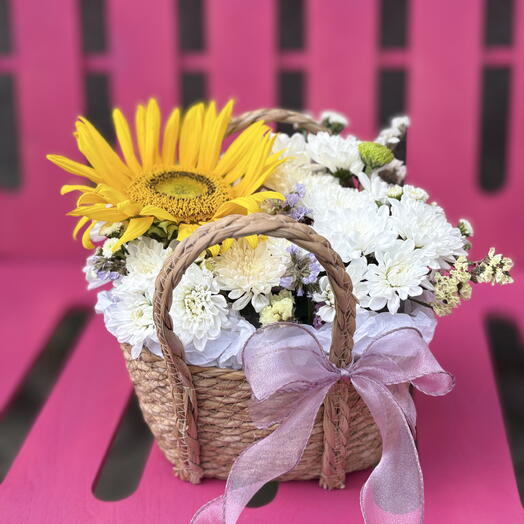Корзинка «Солнечное лето» — подсолнух и хризантемы 🌻🧺