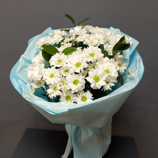 Букет из ромашковых хризантем с рускусом в голубой упаковке /доставка цветов в Уфе
