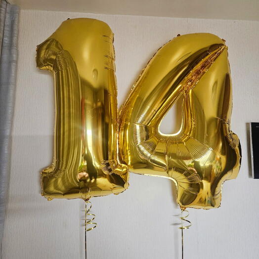Цифра 14 золотая с гелием 102см-2шара