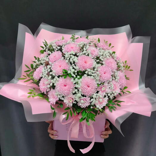 🌸Розовый фреш🌸Розовая Хризантема с белой гипсофилой и зеленью 🌸