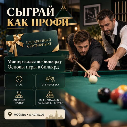 Подарочный сертификат «Мастер-класс по бильярду Основы игры в бильярд» (Пакет 1 1 час, 1 человек)