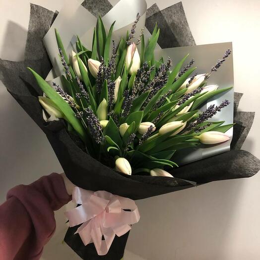 25 white tulips with lavender